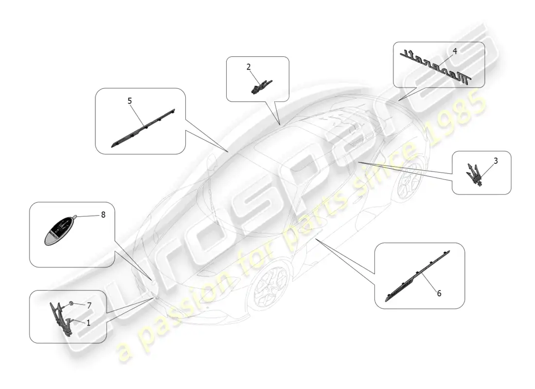 maserati mc20 (2023) trims, brands and symbols parts diagram