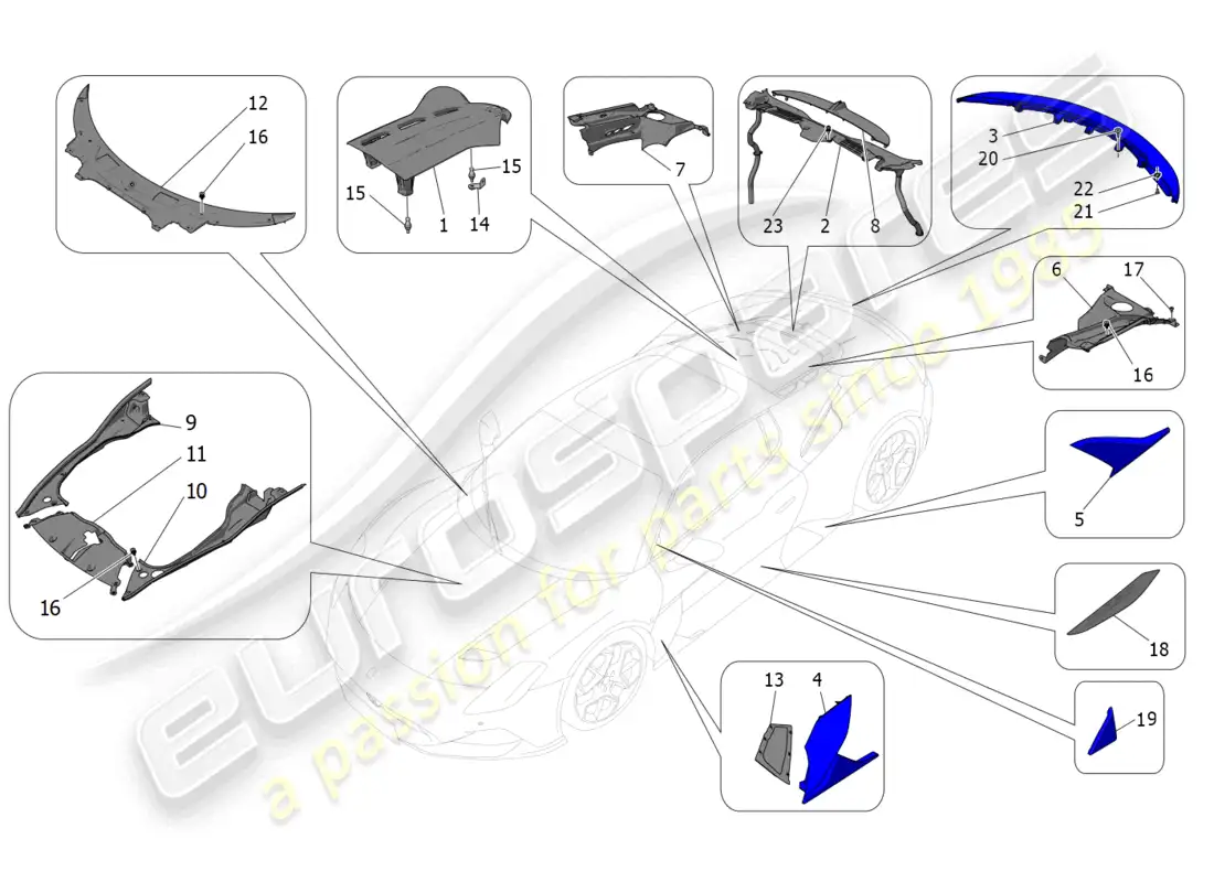 maserati mc20 (2023) shields, trims and covering panels parts diagram