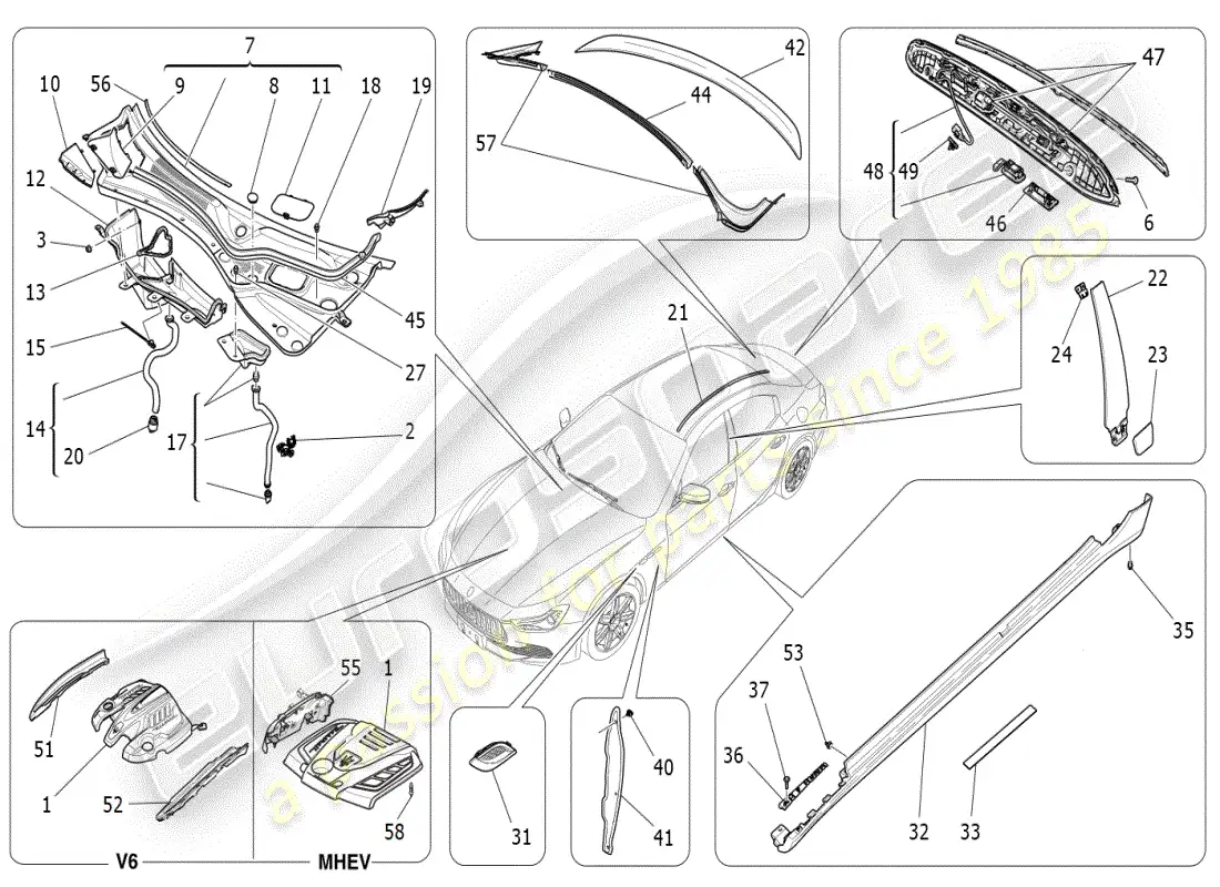 maserati ghibli (2019) shields, trims and covering panels parts diagram