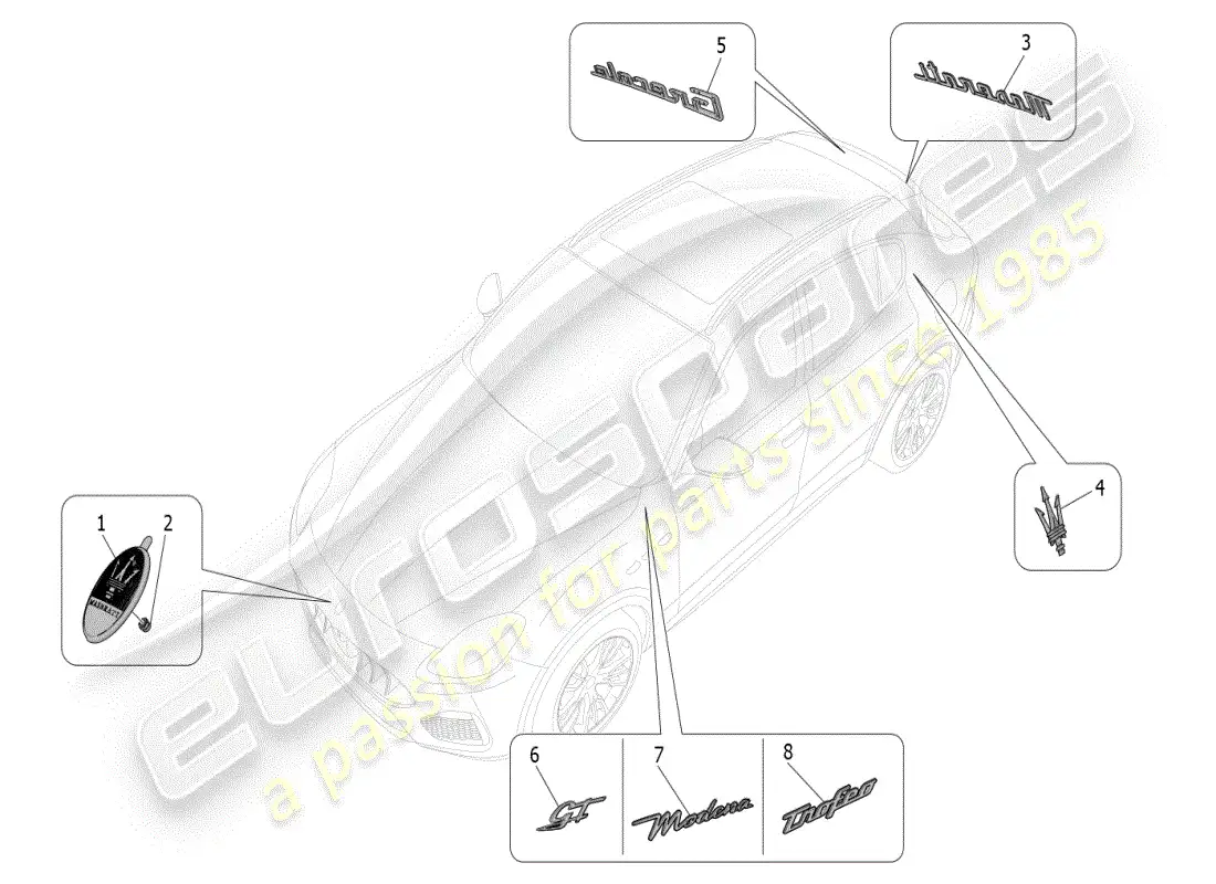maserati grecale modena (2023) trims, brands and symbols parts diagram