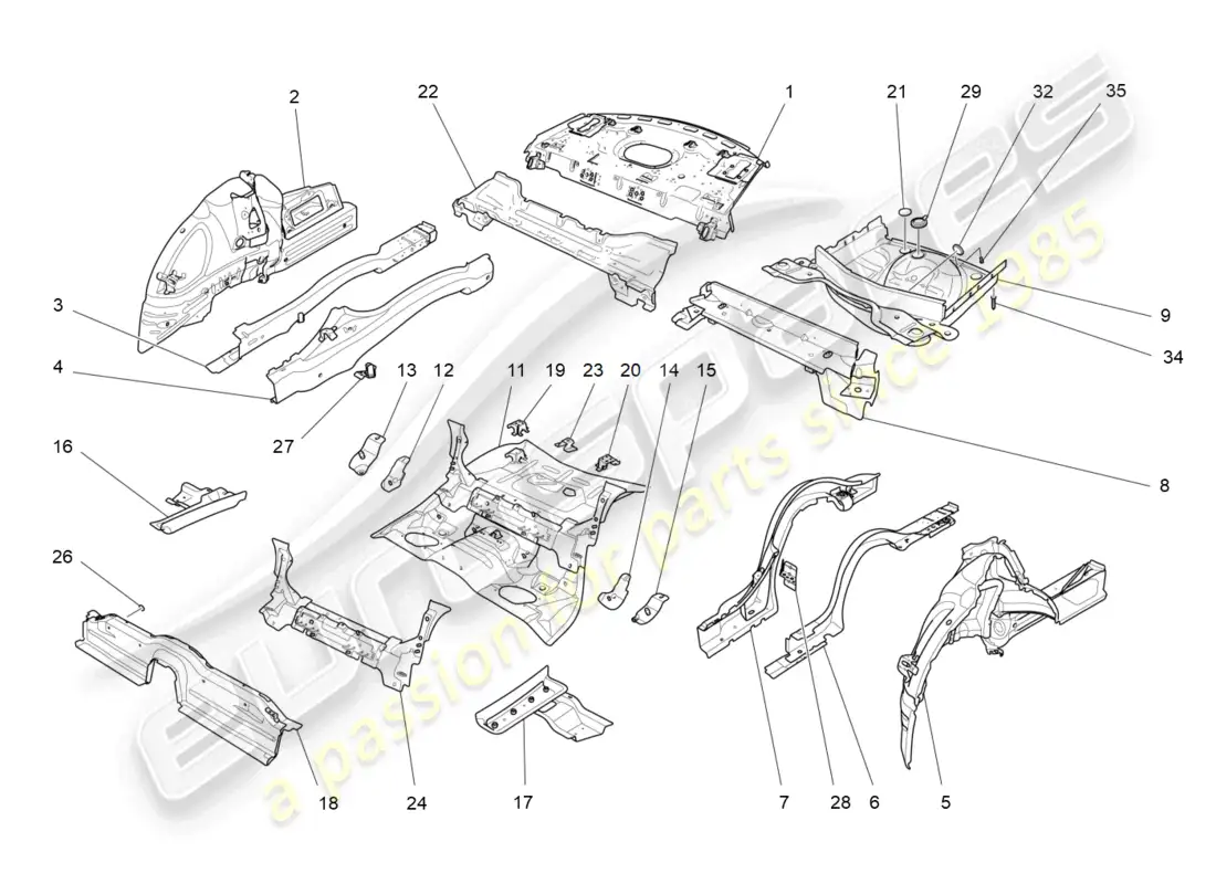 maserati ghibli (2018) rear structural frames and sheet panels parts diagram