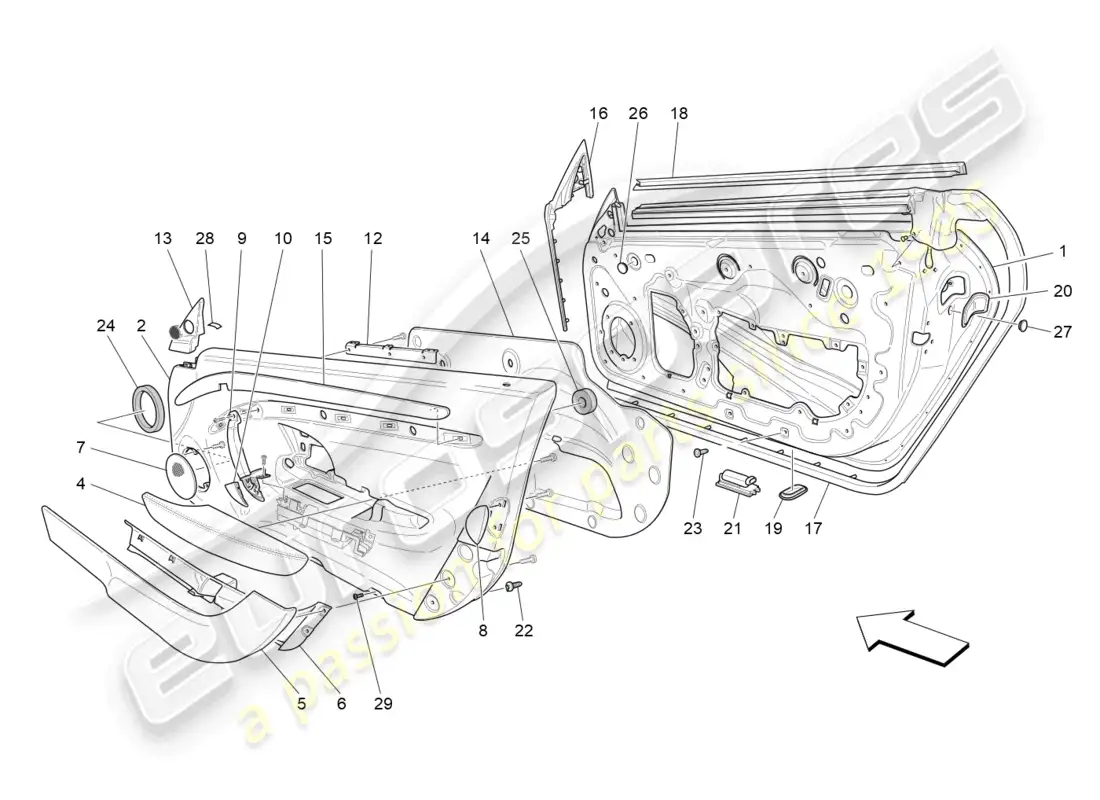 maserati grancabrio mc (2013) front doors: trim panels parts diagram