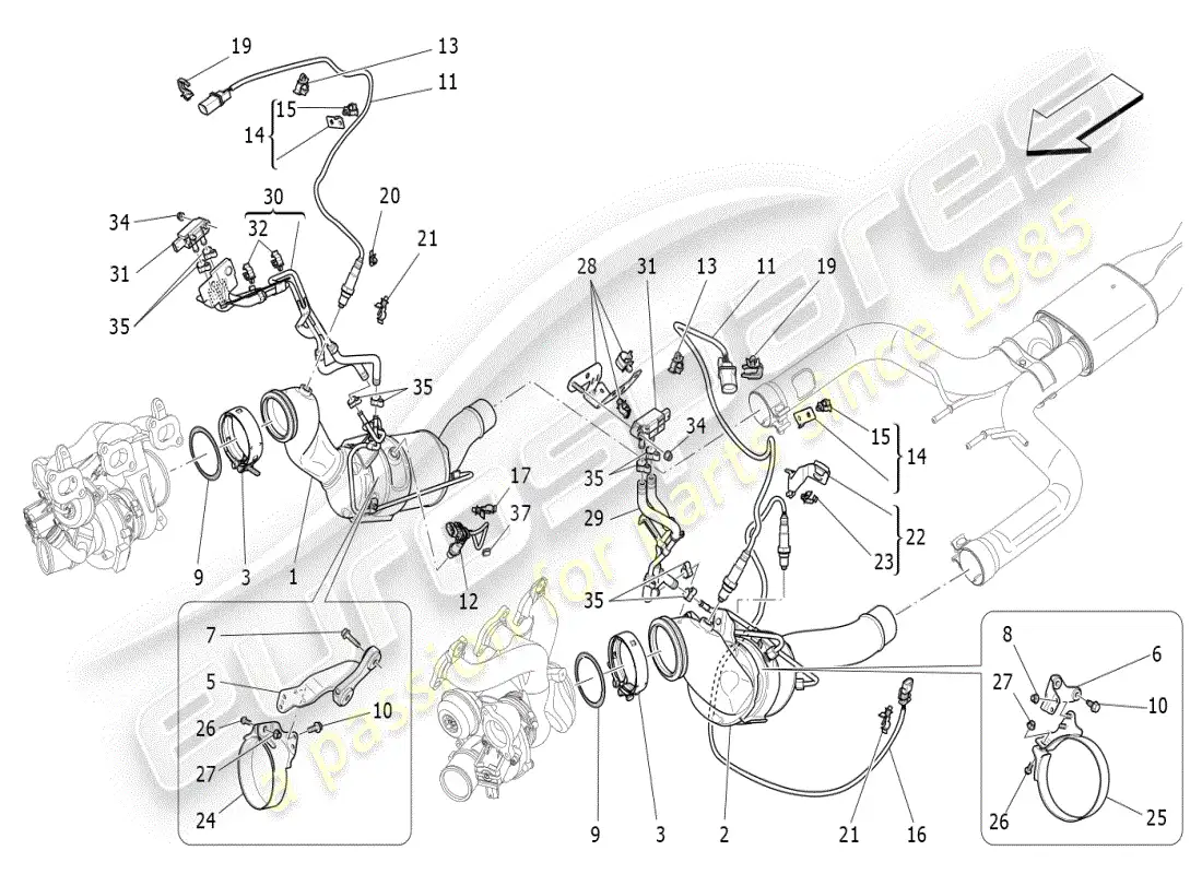 maserati ghibli (2019) pre-catalytic converters and catalytic converters parts diagram