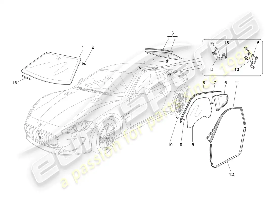 maserati granturismo mc stradale (2013) windows and window strips parts diagram
