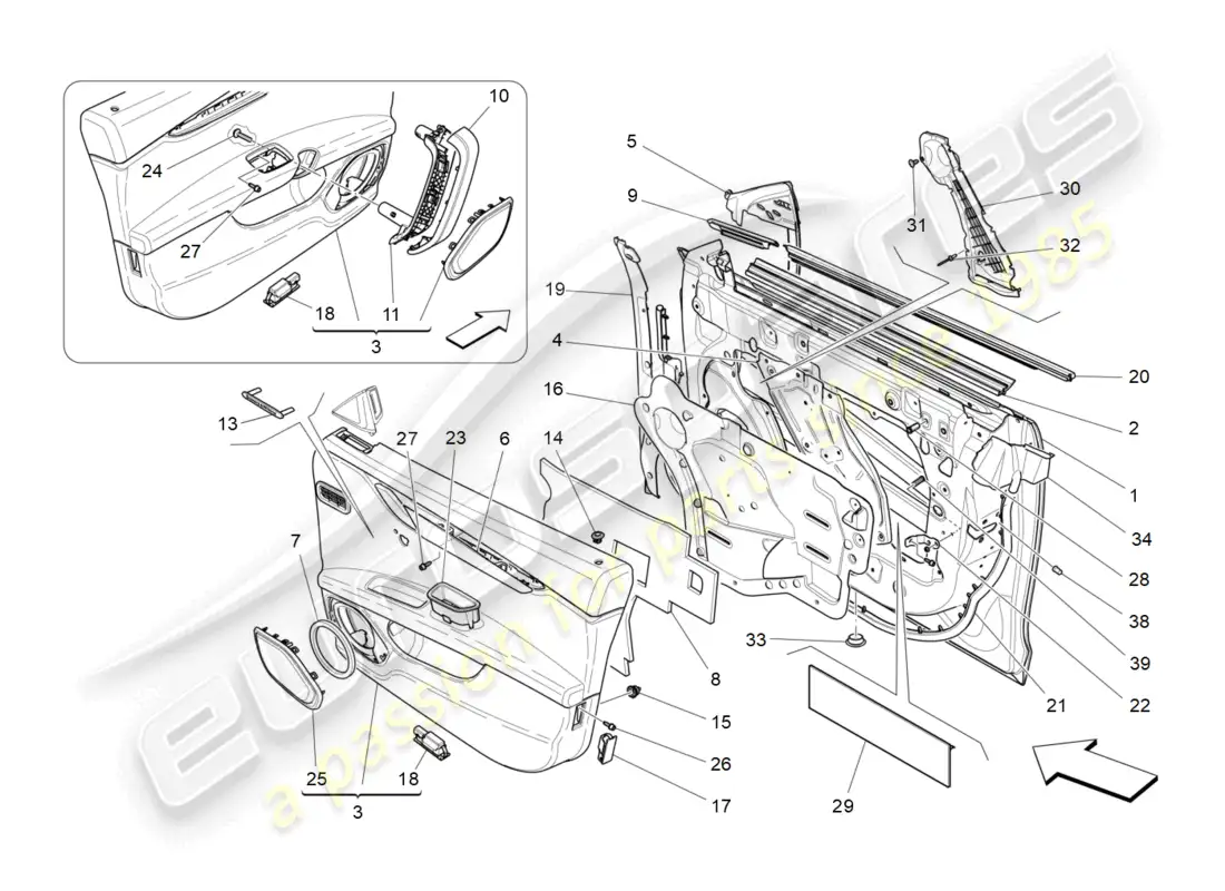 maserati ghibli (2018) front doors: trim panels parts diagram