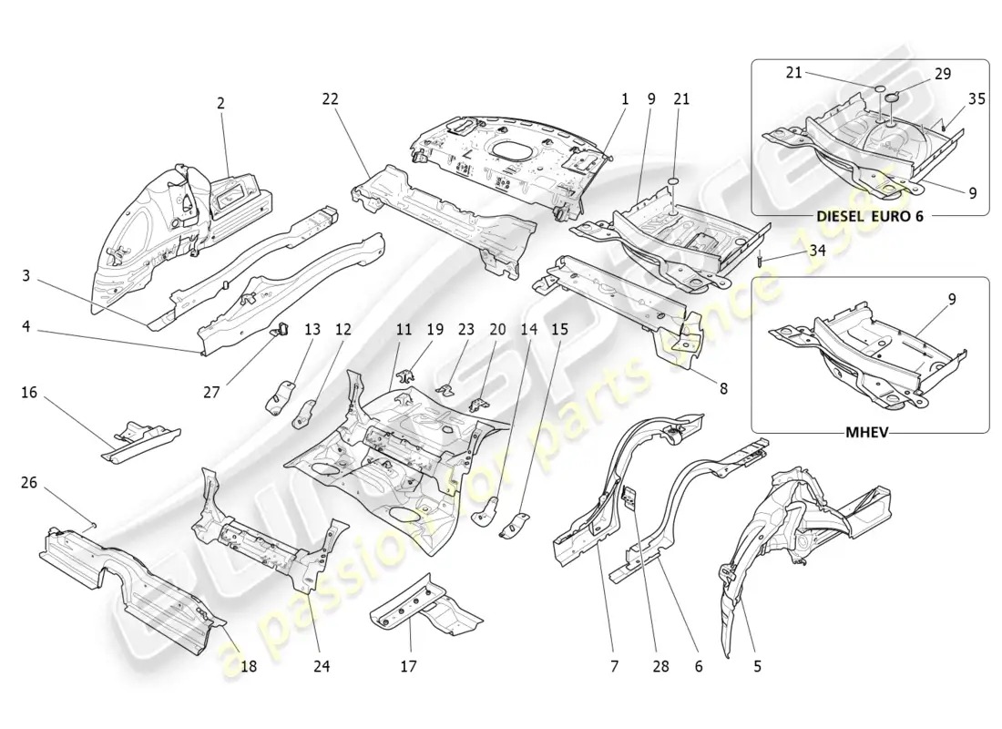 maserati ghibli fragment (2022) rear structural frames and sheet panels part diagram