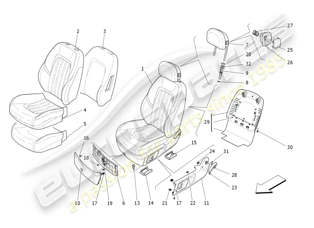 maserati ghibli (2016) front seats: trim panels parts diagram