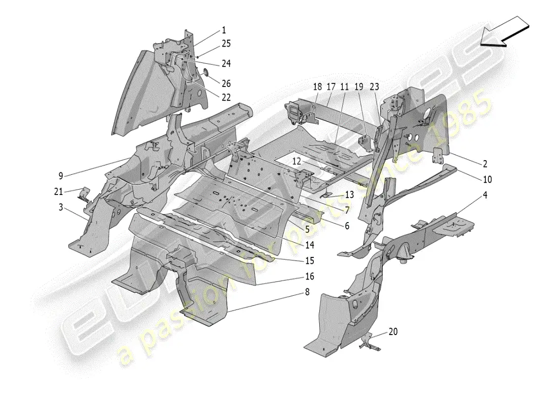 maserati grecale modena (2023) rear structural frames and sheet panels parts diagram
