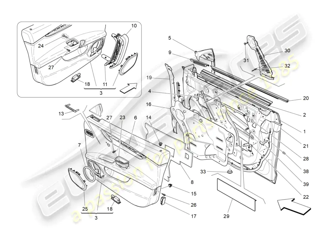 maserati ghibli (2016) front doors: trim panels parts diagram
