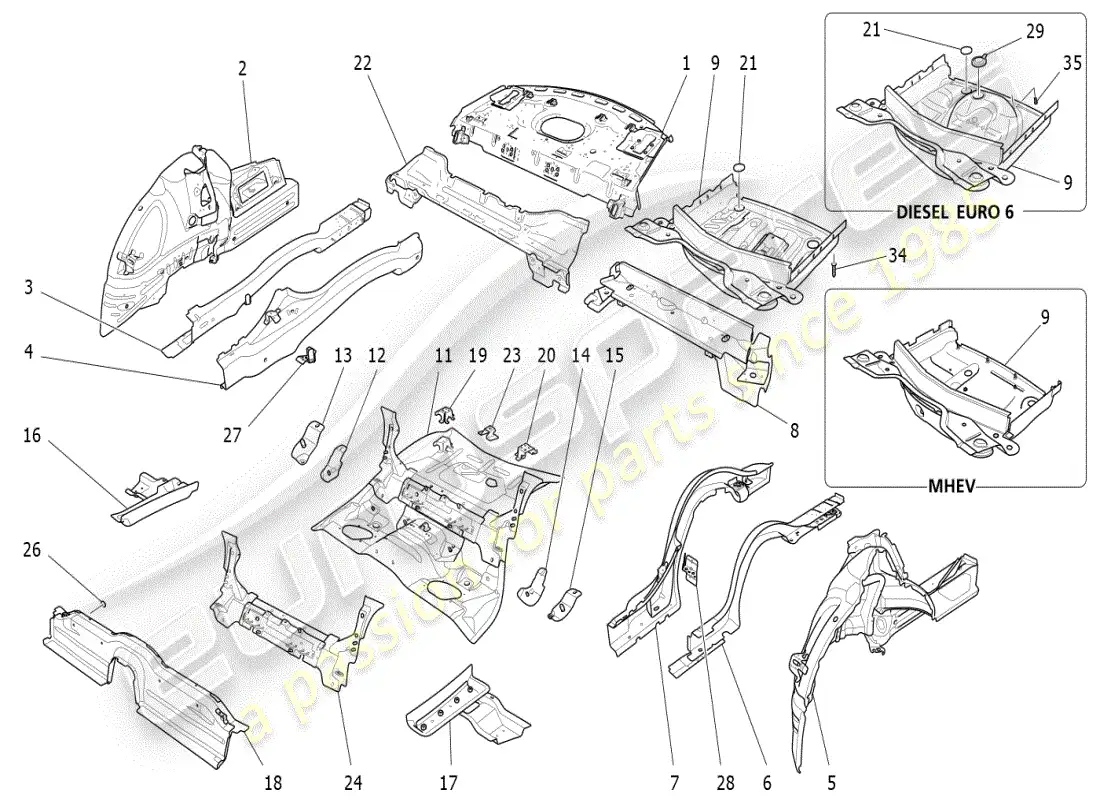 maserati ghibli (2019) rear structural frames and sheet panels parts diagram
