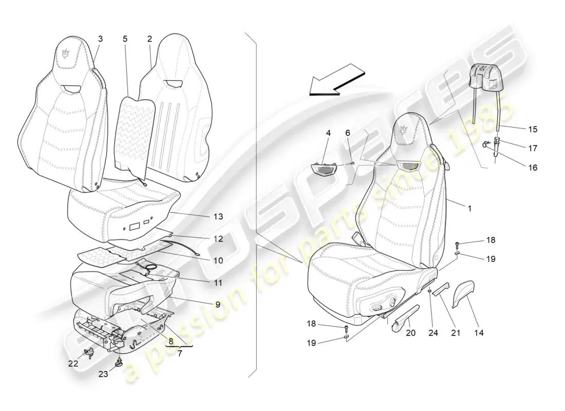 maserati grancabrio mc (2013) front seats: trim panels parts diagram