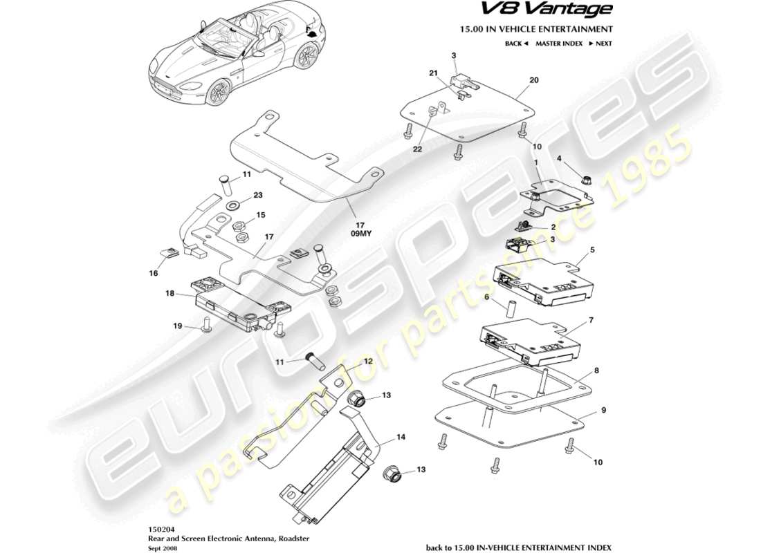 aston martin v8 vantage (2018) rear & screen antenna, roadster part diagram