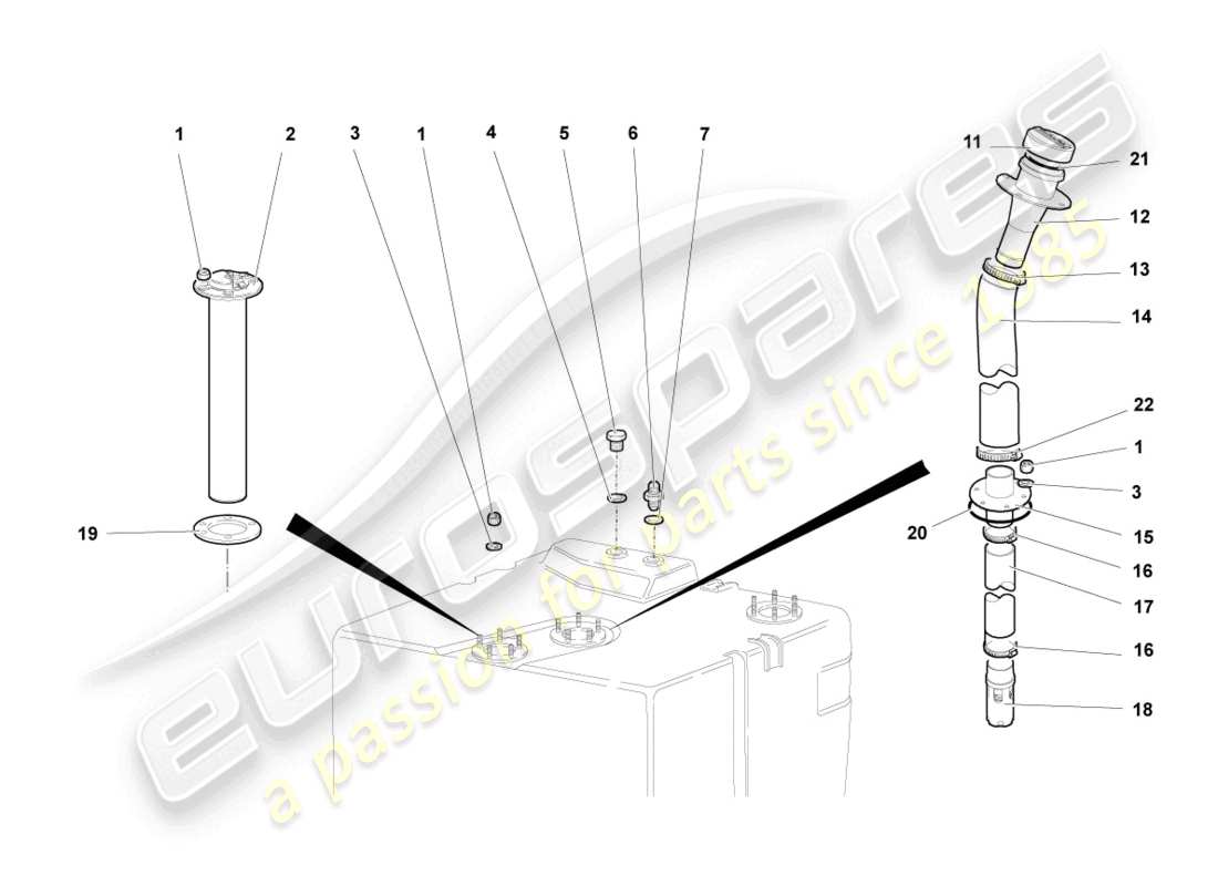 lamborghini murcielago coupe (2004) fuel filler pipe with attachments part diagram