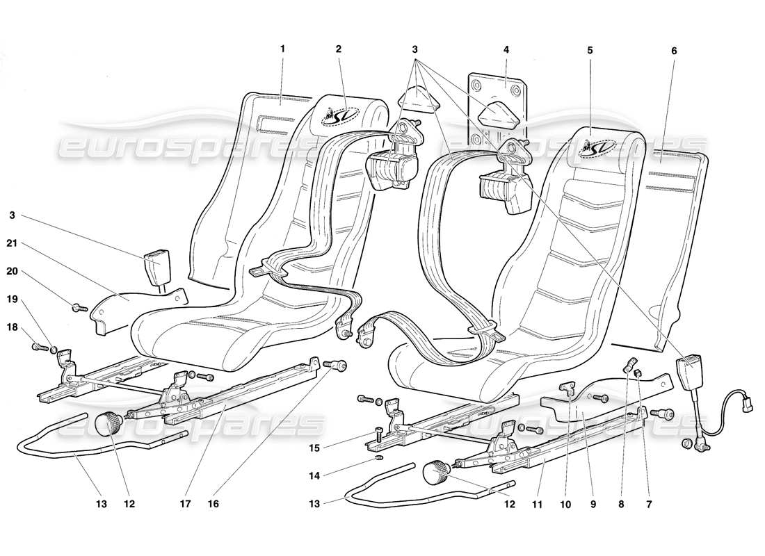 lamborghini diablo sv (1997) seats and safety belts parts diagram
