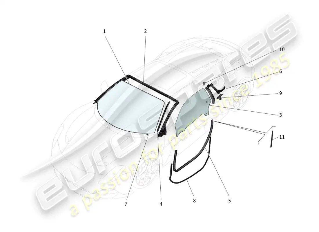 maserati mc20 cielo (2023) windows and window strips parts diagram