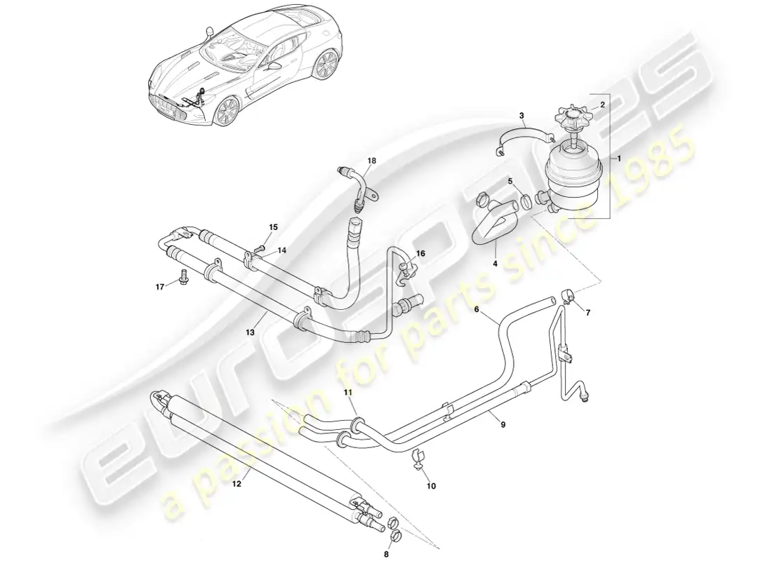 aston martin one-77 (2011) cooler, hoses & reservoir, lhd parts diagram