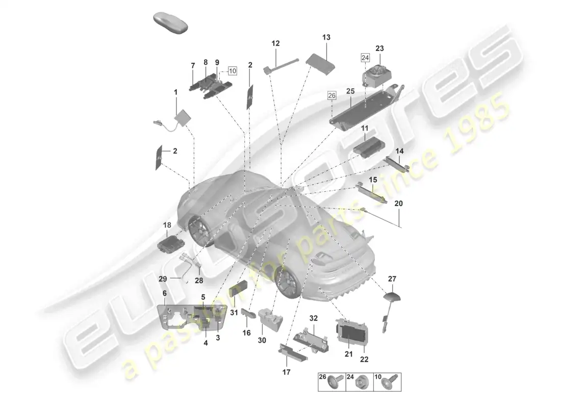 porsche 2022 (992-1 gt3/rs/st) aerial aerial amplifier emergency call loudspeaker chip card reader for road toll system connection for usb and aux-in parts diagram