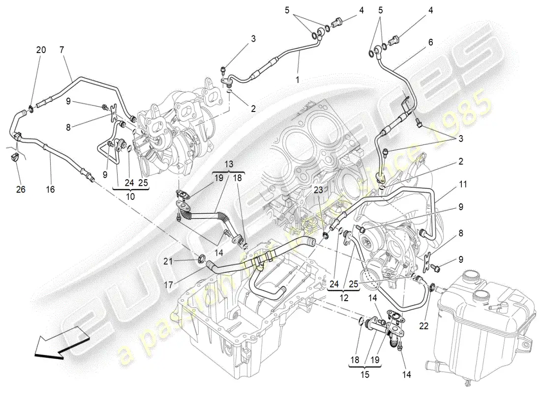 maserati ghibli (2021) turbocharging system: lubrication and cooling parts diagram