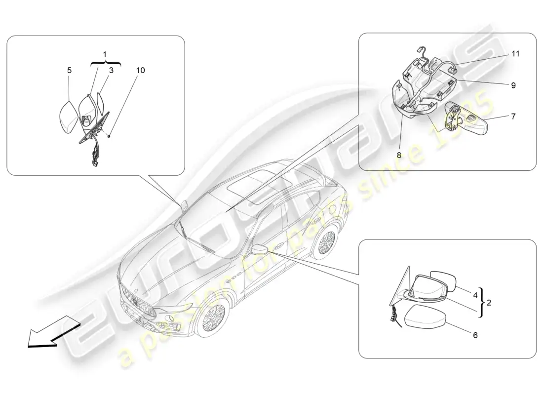 maserati levante (2020) internal and external rear-view mirrors parts diagram