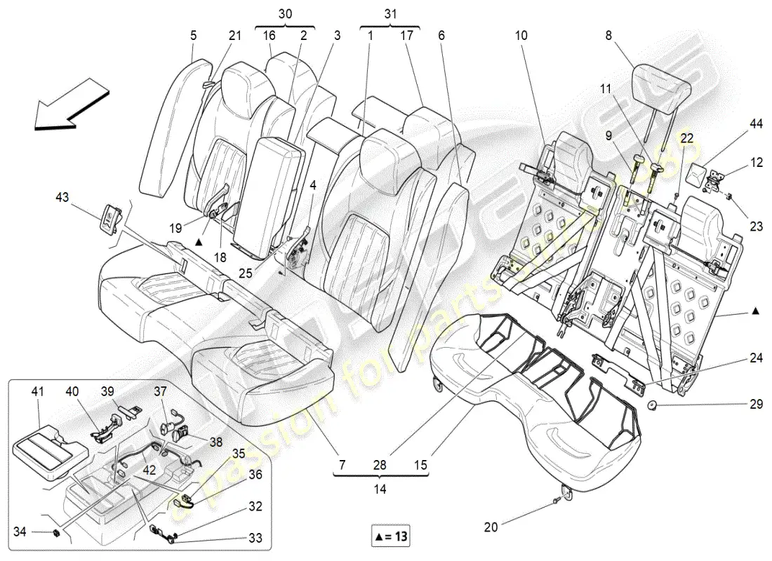 maserati ghibli (2019) rear seats: trim panels parts diagram