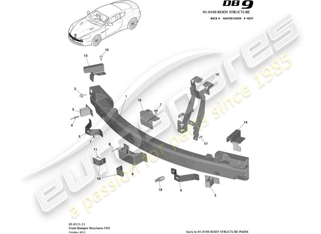 aston martin db9 (2015) front bumper structure, federal part diagram