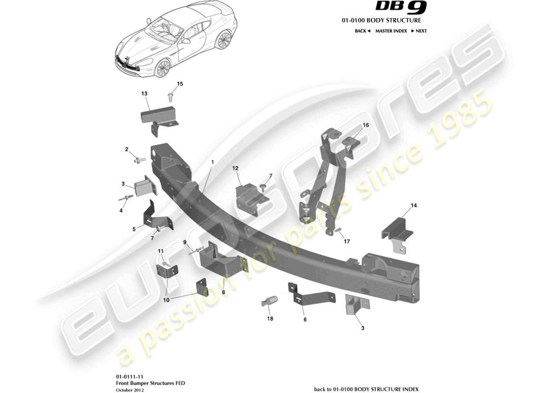aston martin db9 (2016) front bumper structure, federal part diagram