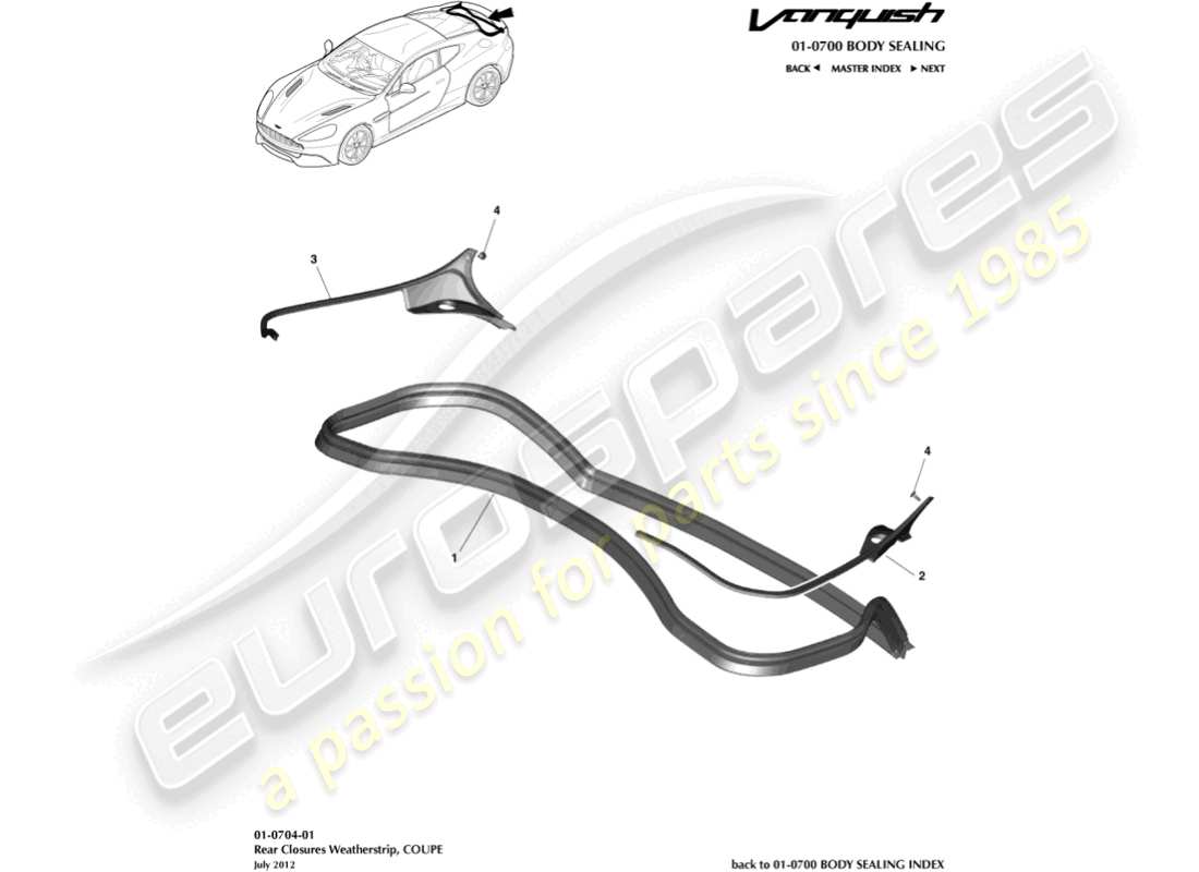 aston martin vanquish (2016) rear closure weatherstrip, coupe part diagram