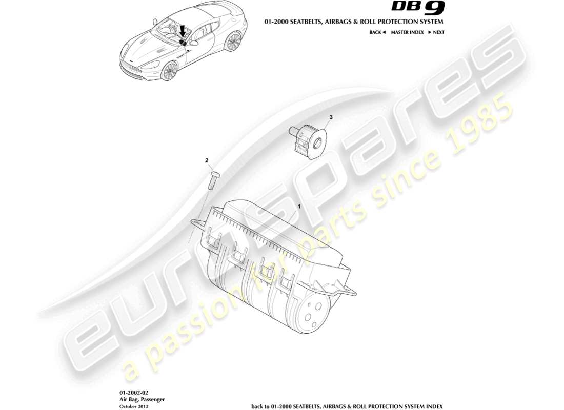 aston martin db9 (2013) airbag, passenger parts diagram