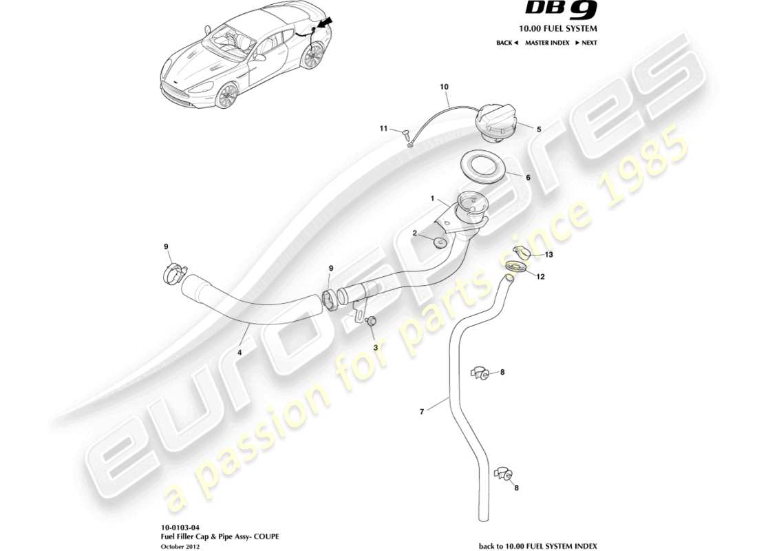 aston martin db9 (2015) fuel filler assembly, coupe part diagram