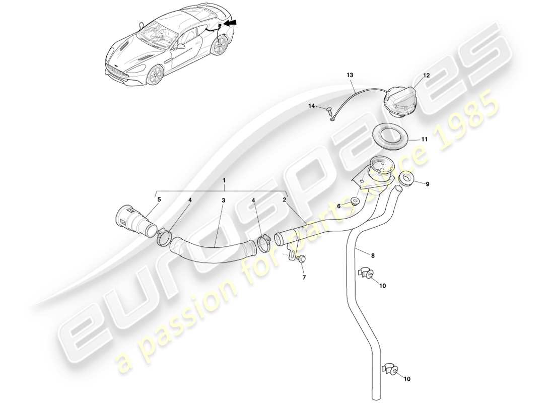aston martin vanquish (2013) fuel filler assembly, coupe part diagram