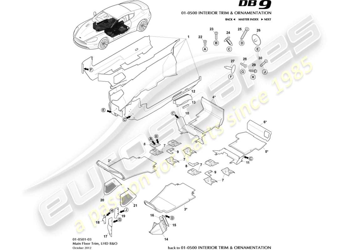 aston martin db9 (2015) main floor trim, lhd, b&o part diagram