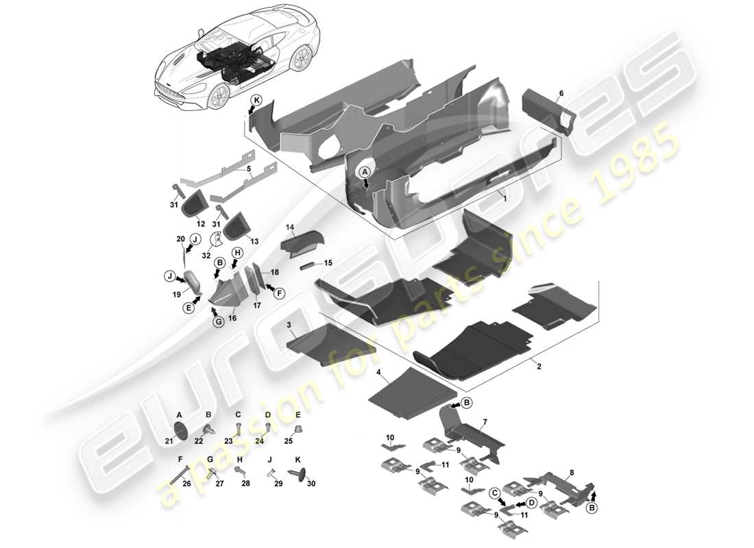 aston martin vanquish (2013) main floor trim, lhd part diagram