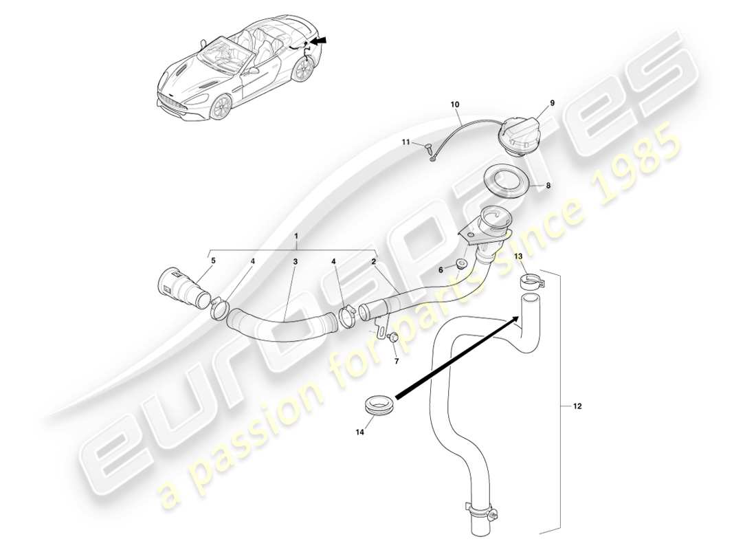 aston martin vanquish (2013) fuel filler assembly, volante part diagram