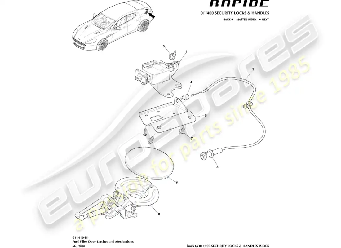 aston martin rapide (2012) fuel filler mechanism parts diagram