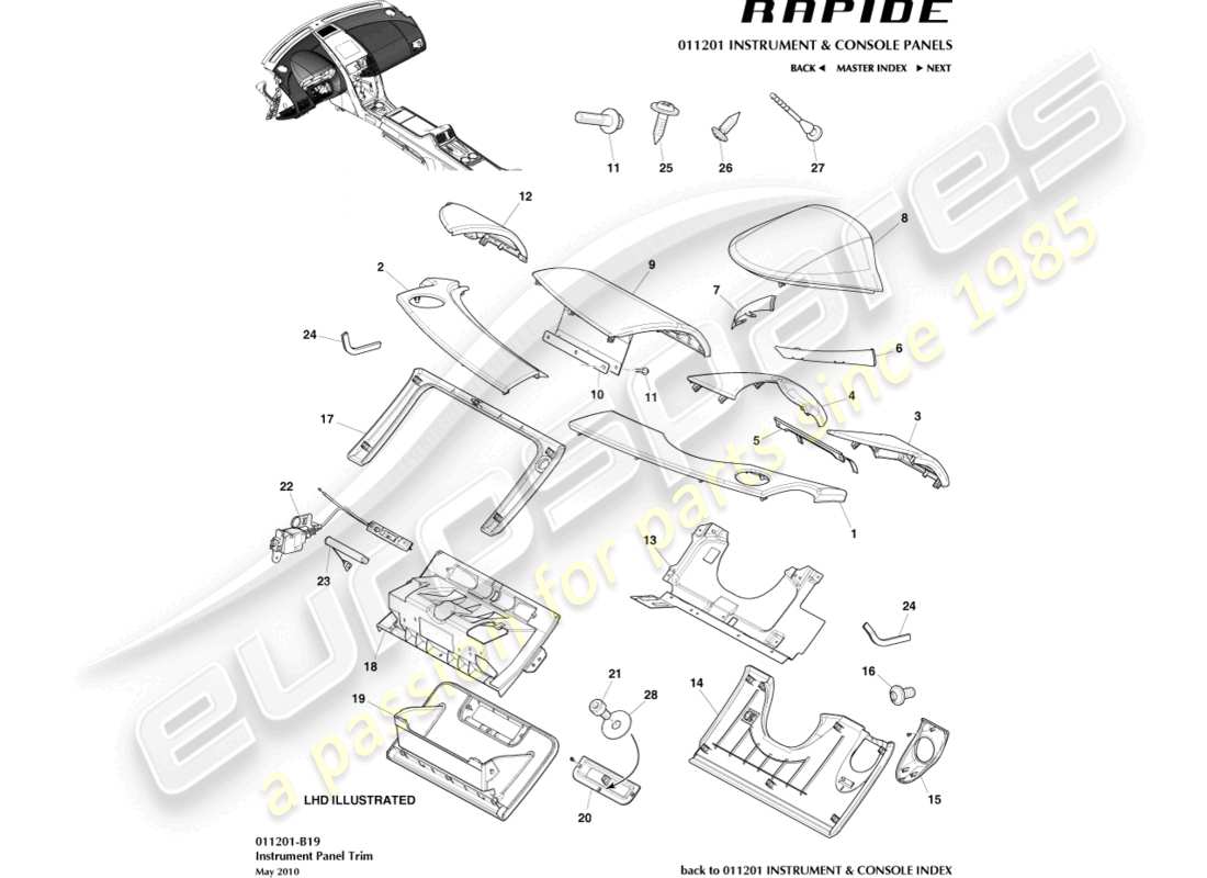 aston martin rapide (2010) ip trimmed panels part diagram