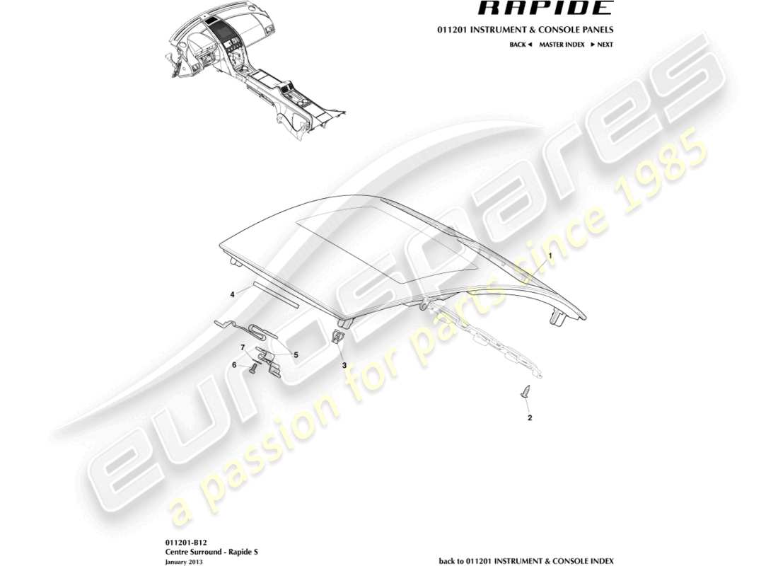 aston martin rapide (2010) centre stack trim panel, s part diagram