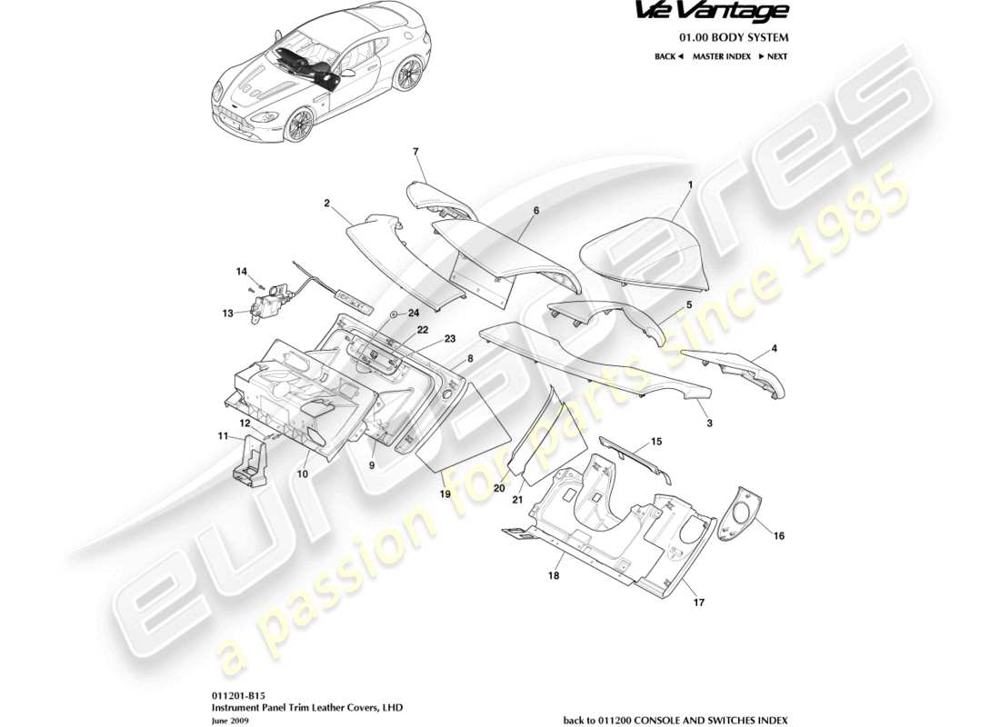 aston martin v12 vantage (2010) instrument panel, lhd part diagram