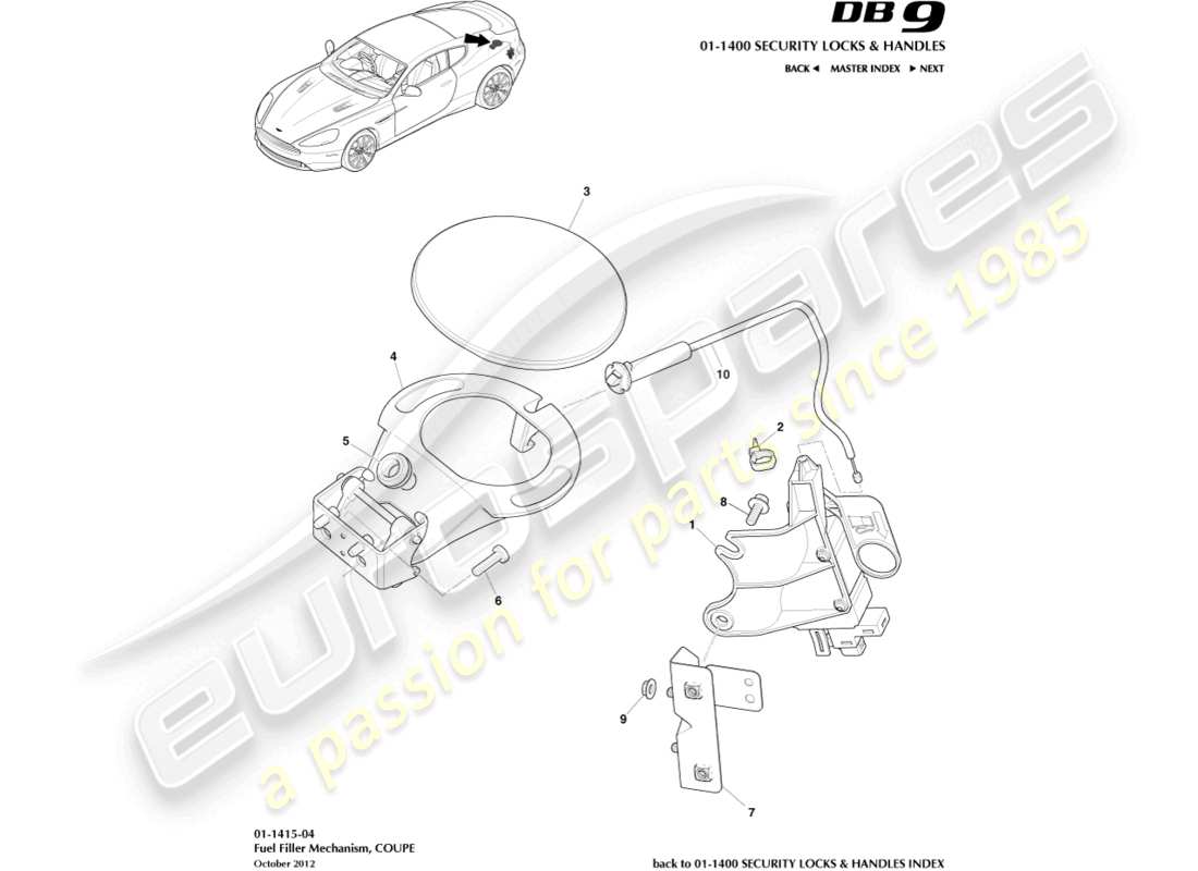 aston martin db9 (2015) fuel filler mechanism, coupe part diagram