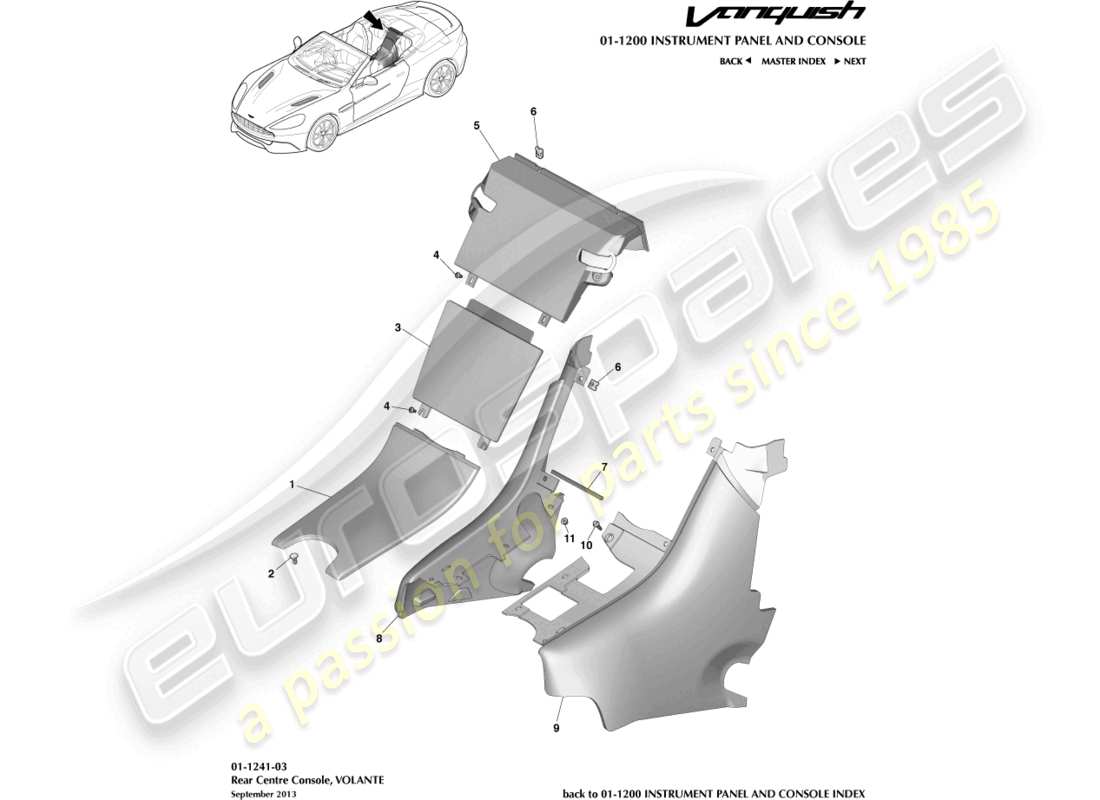 aston martin vanquish (2018) rear console, volante part diagram