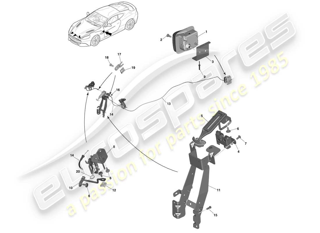 aston martin vanquish (2013) bonnet latch & actuation part diagram