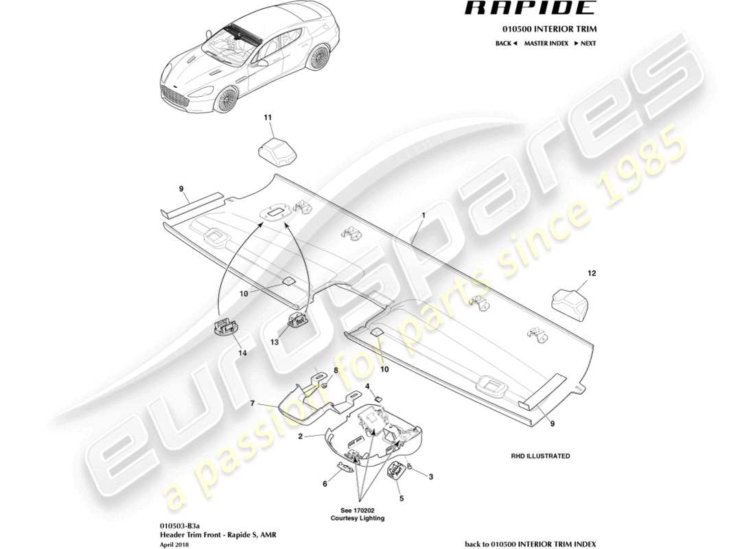 aston martin rapide (2018) front header trim, s part diagram