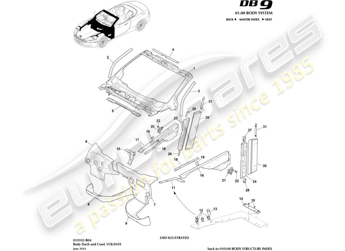 aston martin db9 (2010) body dash and cowl, volante part diagram