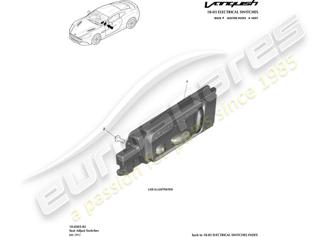 aston martin vanquish (2018) seat adjustment switches part diagram