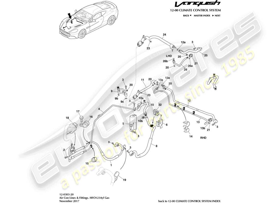 aston martin vanquish (2017) air con lines, hfo1234yf gas part diagram