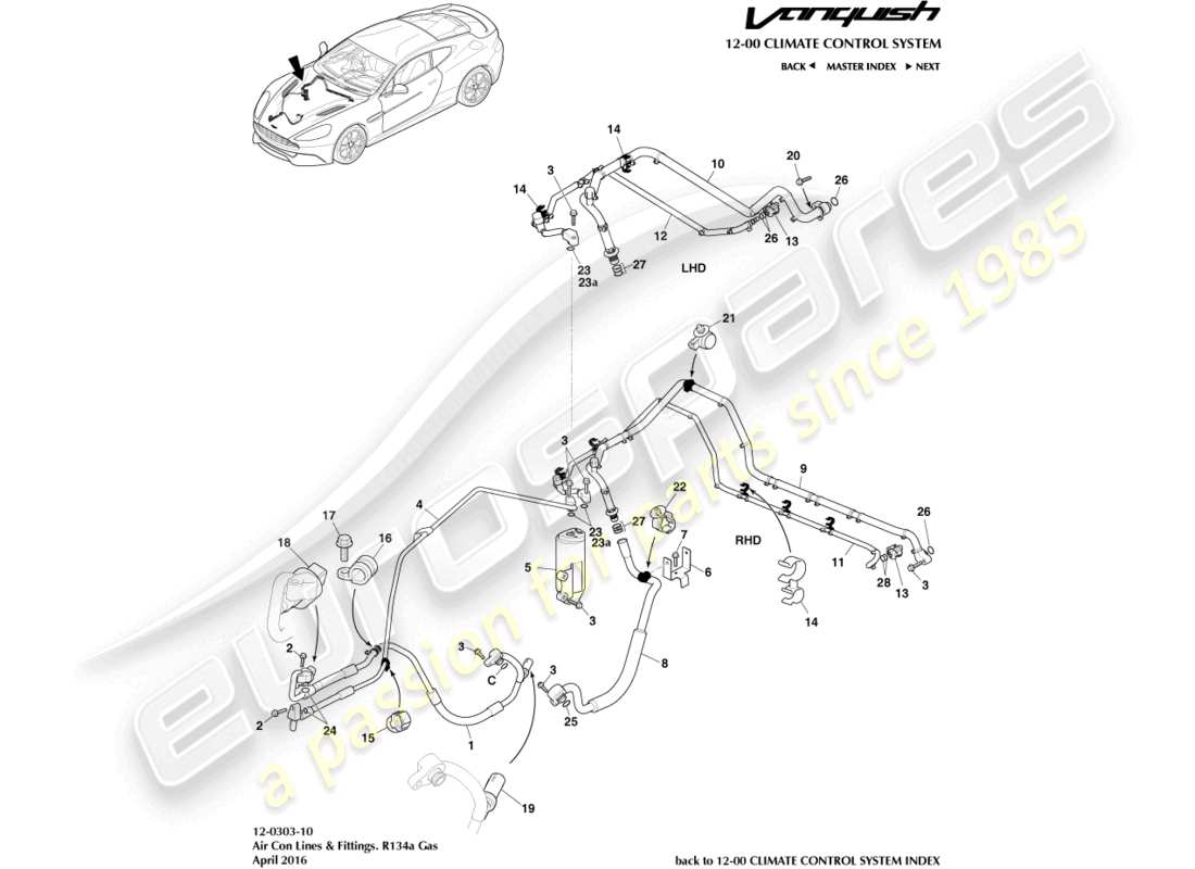 aston martin vanquish (2018) air con lines, r134a gas part diagram