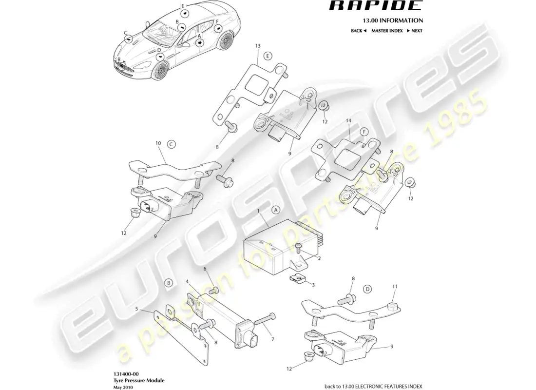 aston martin rapide (2011) tyre pressure module parts diagram