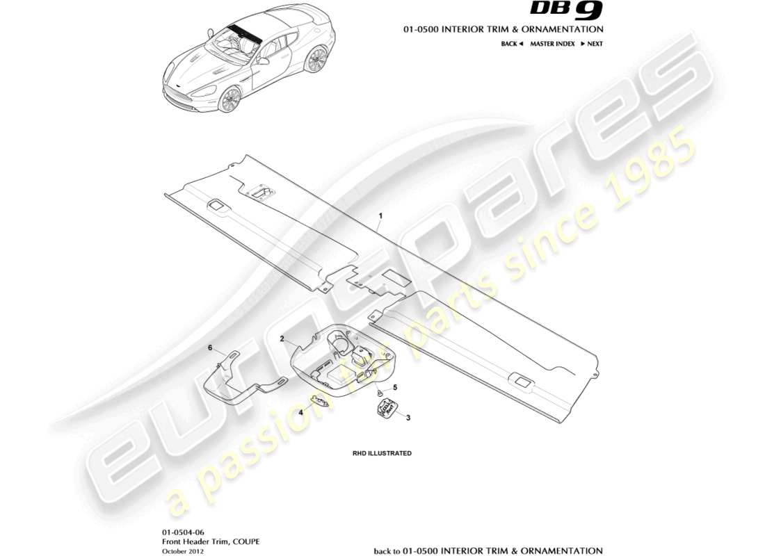 aston martin db9 (2016) front header trim, coupe part diagram