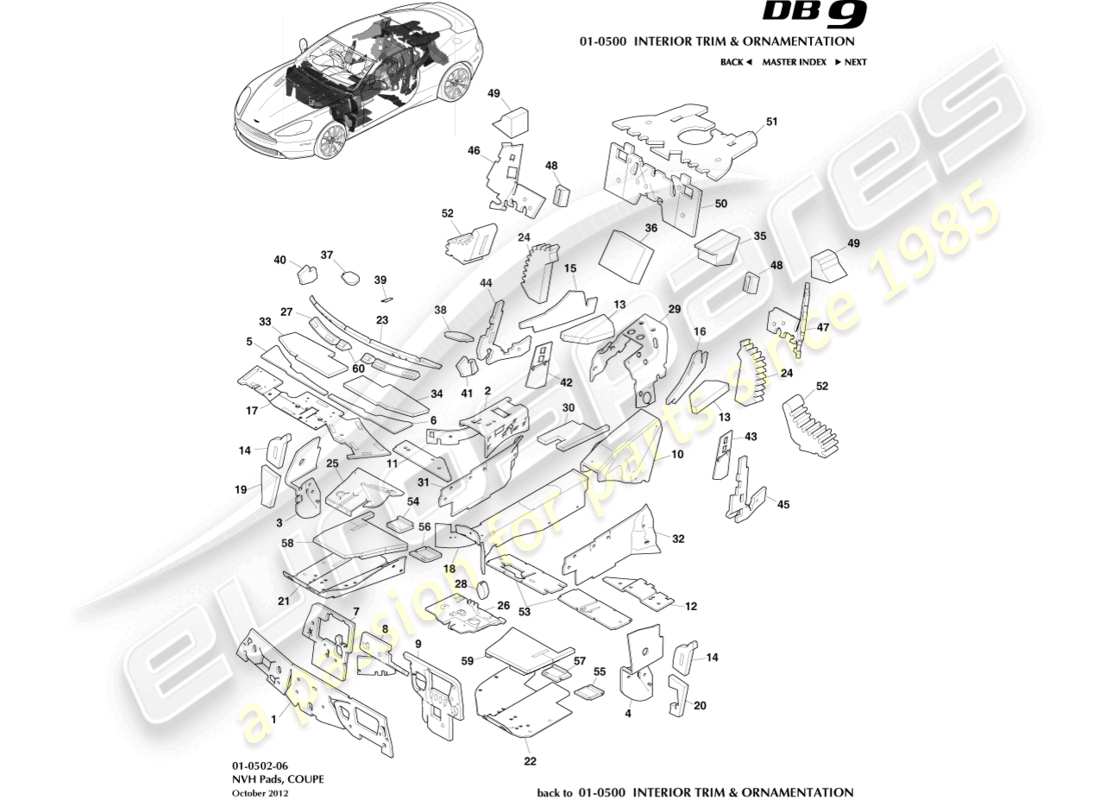aston martin db9 (2014) nvh pads, coupe parts diagram