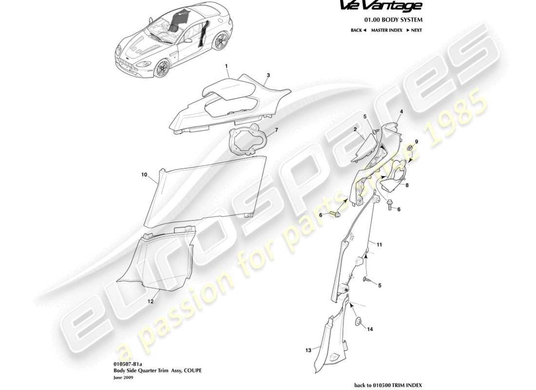 aston martin v12 vantage (2012) body side quarter trim, coupe part diagram