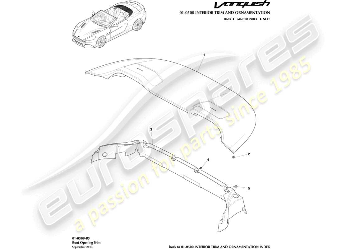 aston martin vanquish (2016) roof opening trim, volante part diagram